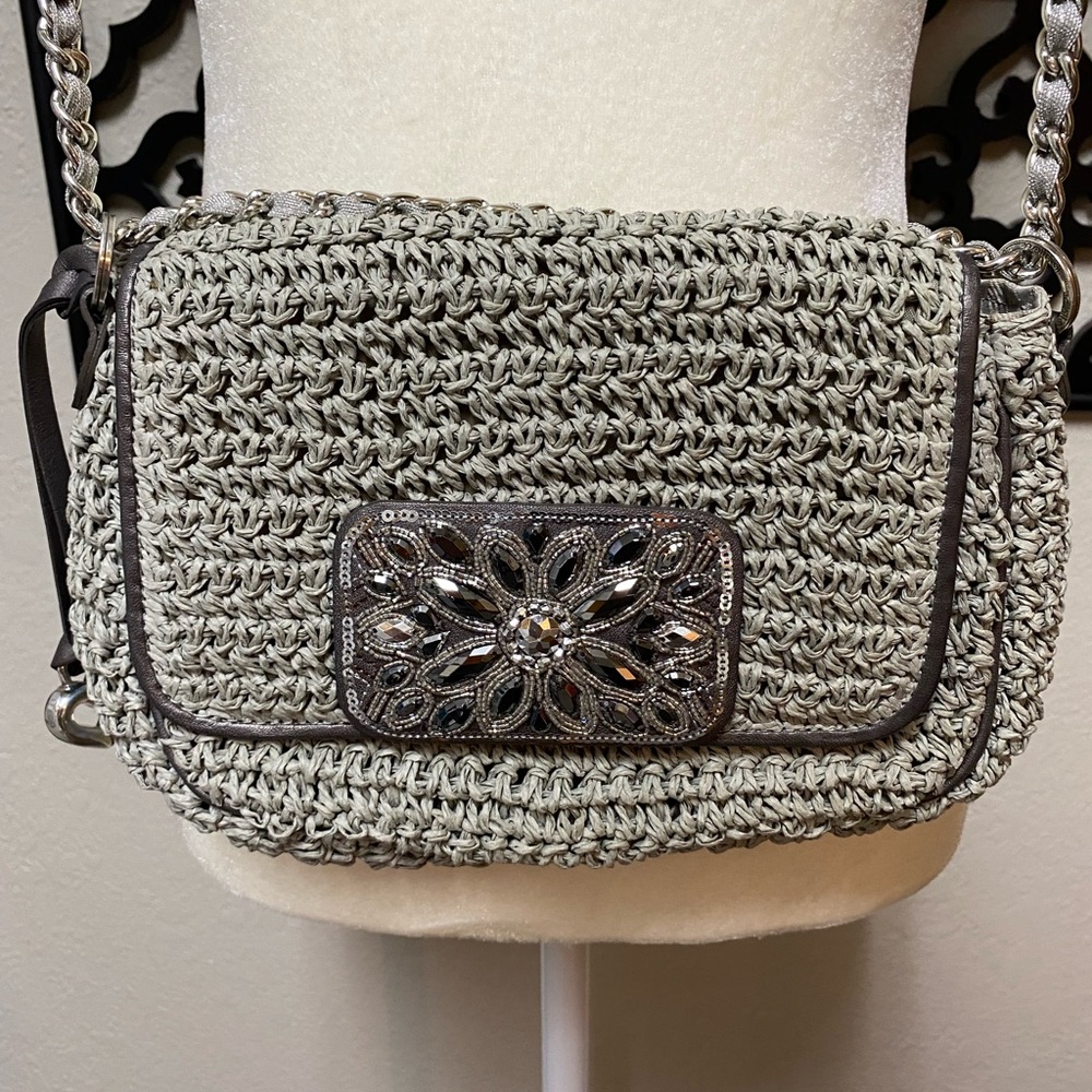 Gray straw woven embellished Brighton shoulder bag